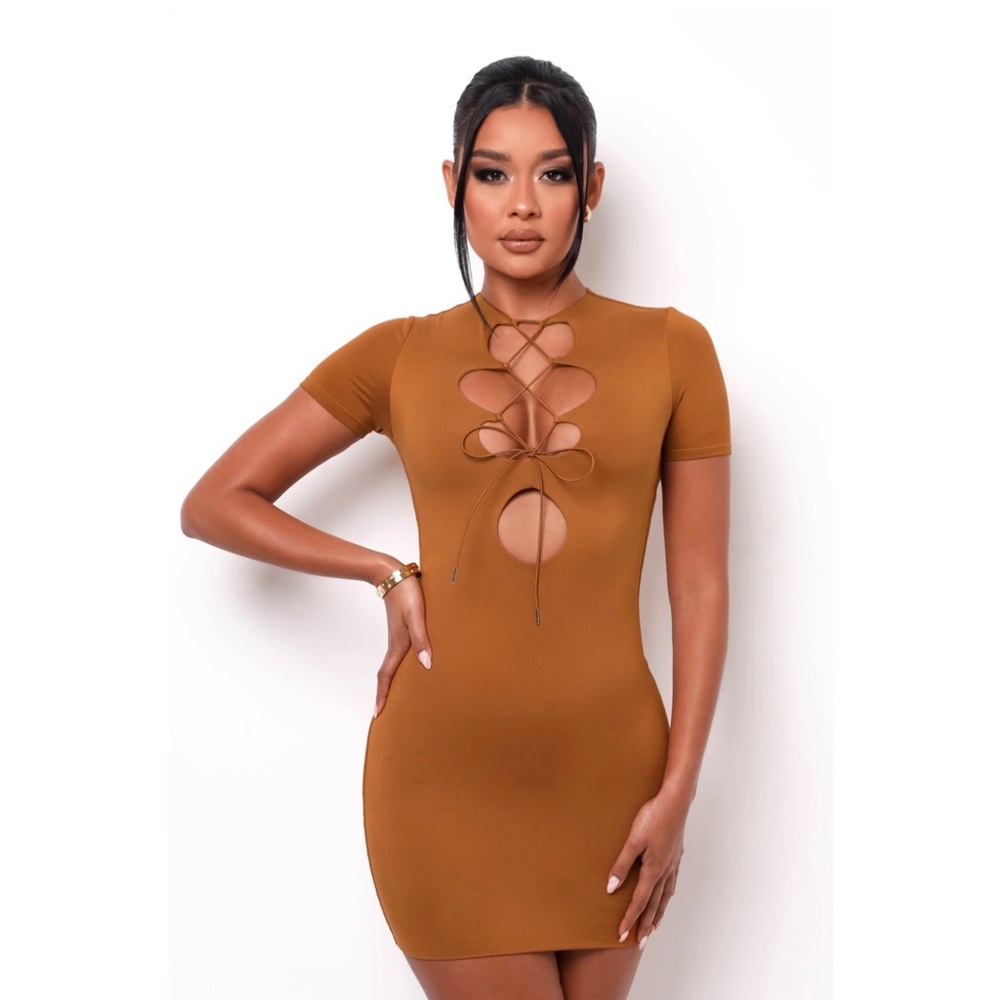 Camel Brown Cut-out Mini Dress, XS